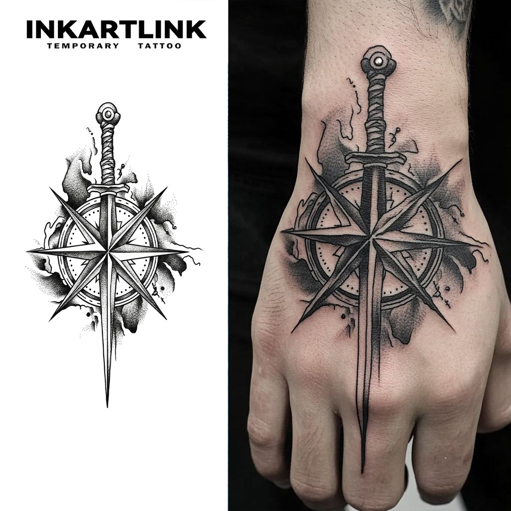 Tatuagem Temporária, Dura Até 15 Dias, Nova Tecnologia Mágica à Prova d'Água, Espada Longa e Bússola, Adequada para Dedo