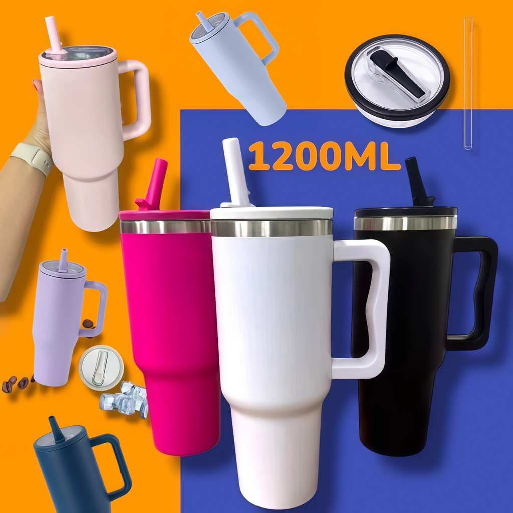 Copo Térmico Automotivo Grande 1200ml Aço Inoxidável 304, Com Alça, Tampa e Canudo para Viagens Longas