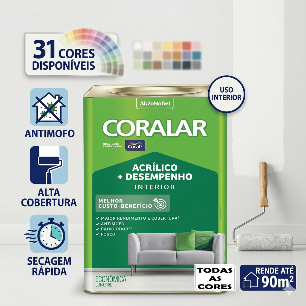 Tinta Acrílica Coral Coralar Fosco Interior Antimofo Lata 18L