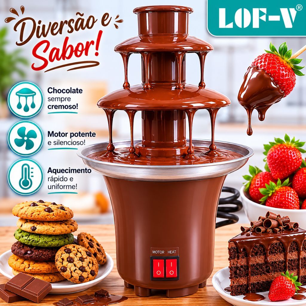 Fonte Cascata De Chocolate Elétrica 110V 3 Andares Fondue Festa Sobremesa 22cm