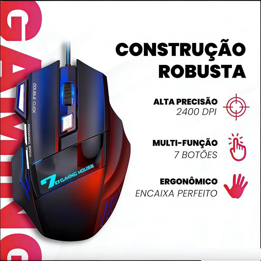 Kit Gamer Teclado e Mouse X7 RGB, 7 Botões DPI 1200‑3200 Ergonômico Universal para PC e Notebook