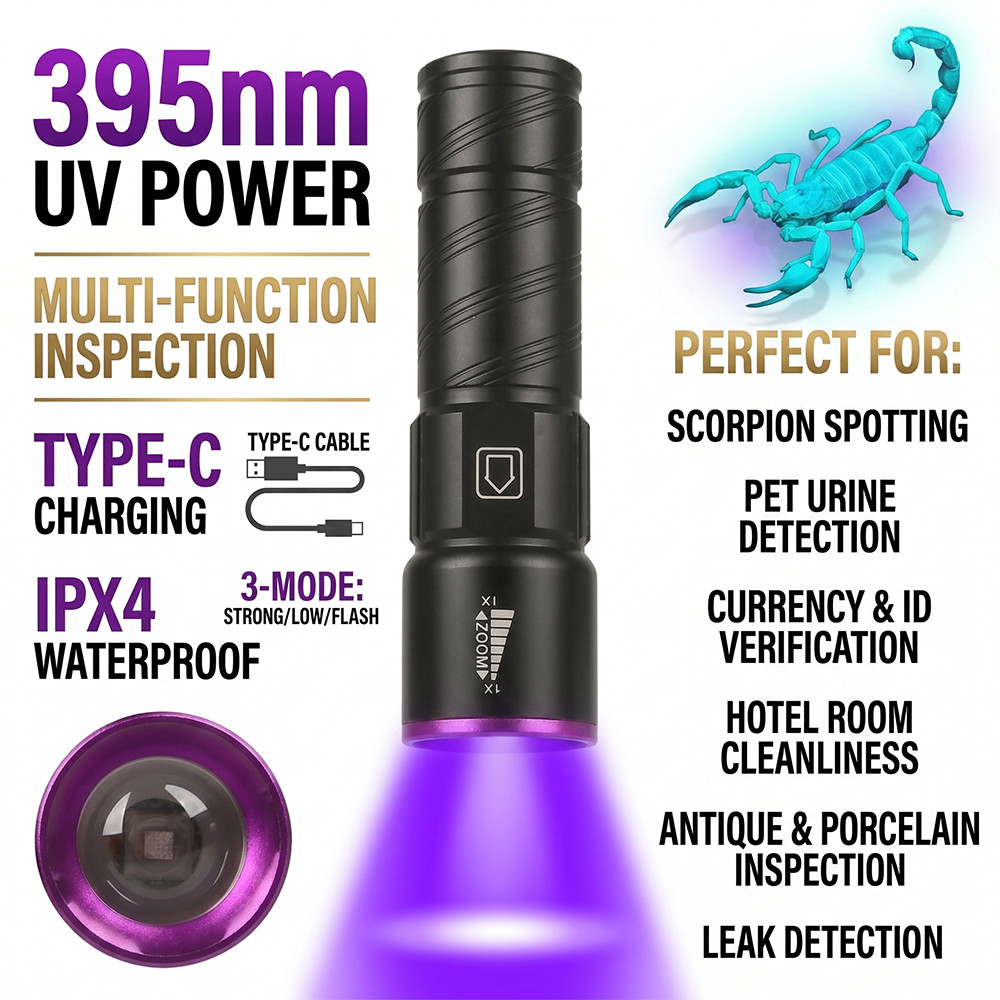 Lanterna UV 395nm Tipo-C USB Recarregável Luz Negra Zoomable Detector De Urina Para Animais De Estimação Lâmpada Coletor