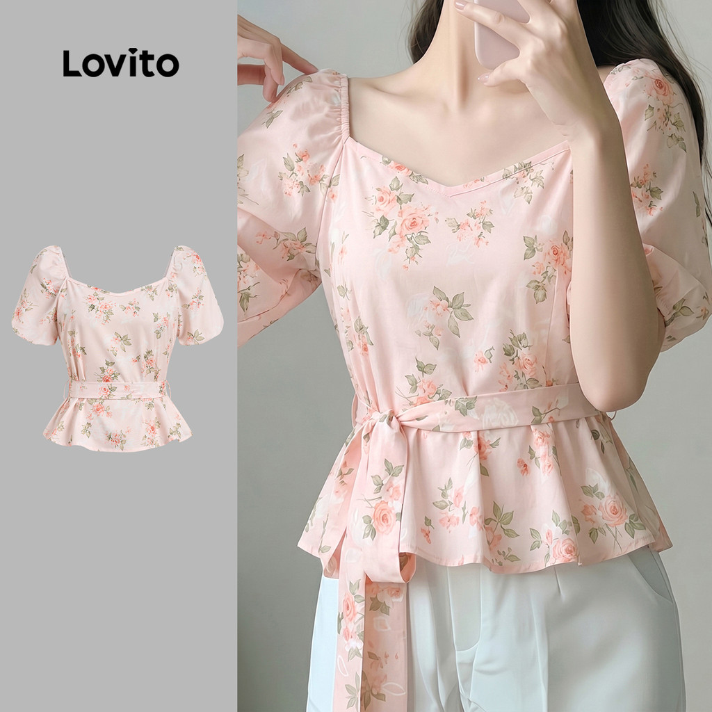 Lovito Blusa Casual com Renda Blusa Rosa Primavera/verão para mulheres Bordado L