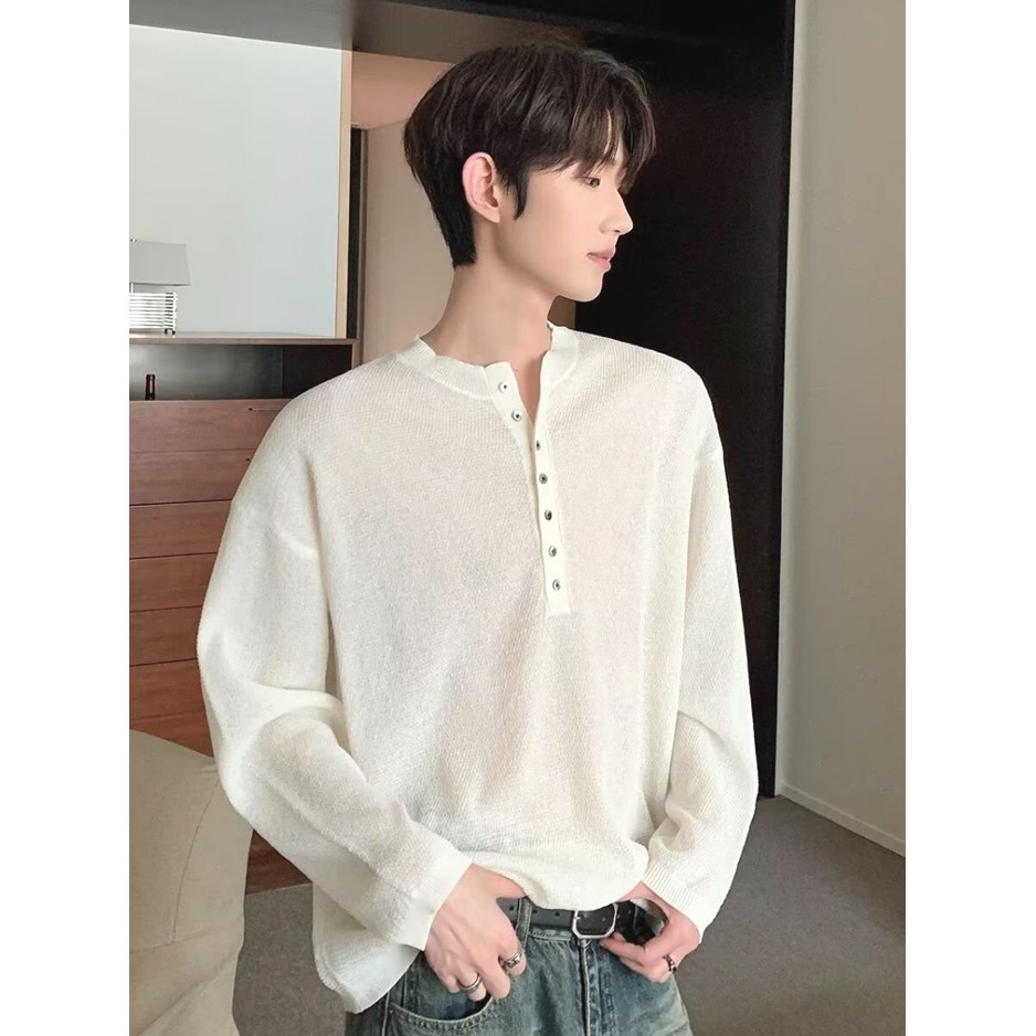 Lyocell Tencel Linho Blusa De Manga Comprida Masculina Estilo Fino Oco Respirável Solto Henry Collar Camiseta Metade @