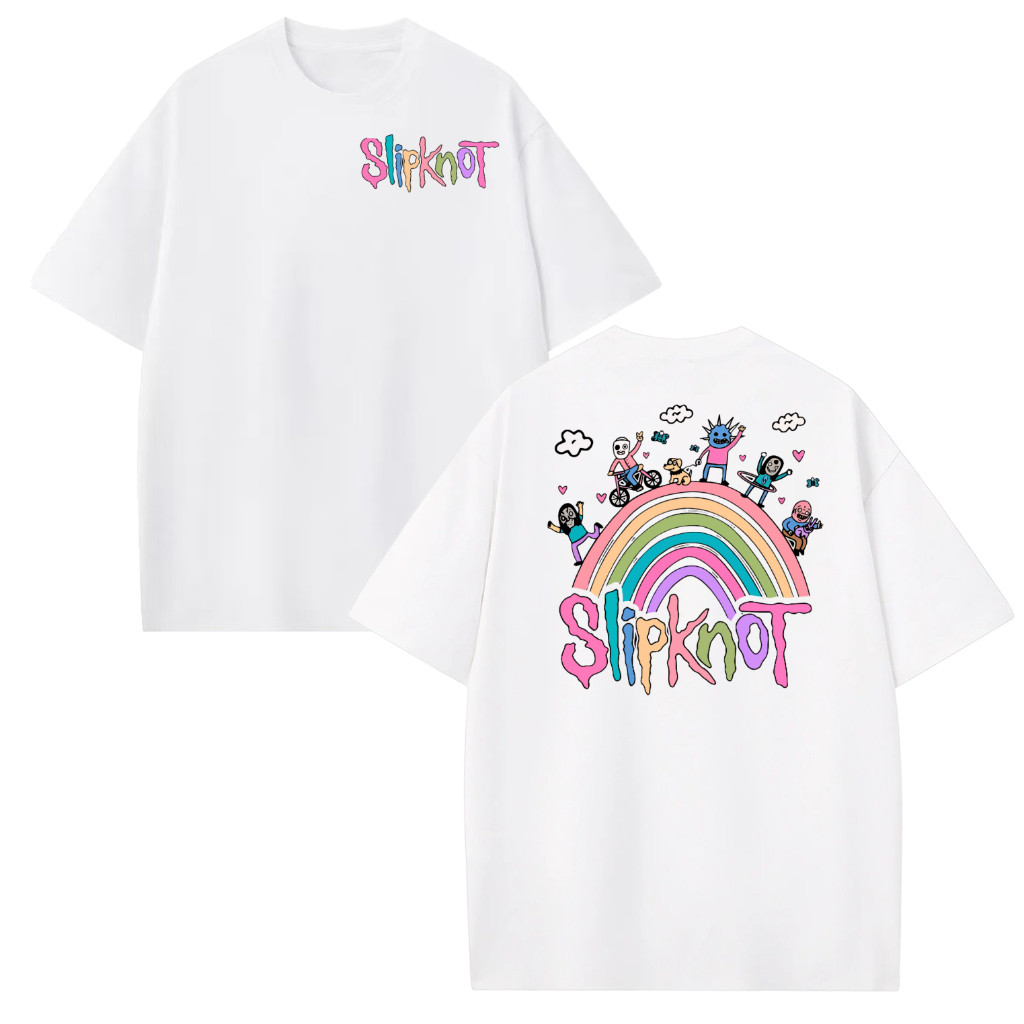 [Camiseta Premium em Algodão Puro]SISI Slipknot Banda Rock Metal Cartoon Cute Arco Iris Frente E Costas