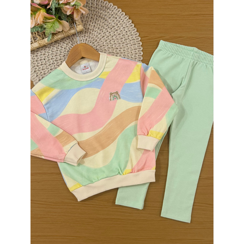 Conjunto Infantil Menina Brandili Inverno com Calça Legging Verde e Moletom Flanelado Arco-íris