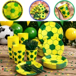 KIT FESTA 50 PESSOAS BRASIL COPA 50 COPO 50 PRATO 50 GARFOS VERDE (CHOCO)