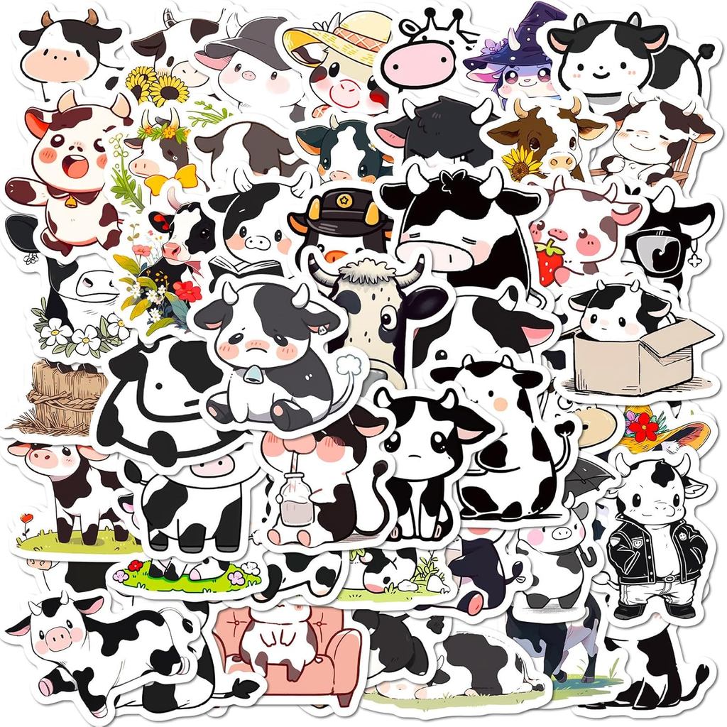 50pcs Cute Cow Stickers for Kids Water Bottle, Waterproof Vinyl Stickers for Laptop Skateboard Guitar Phone Car Decals,