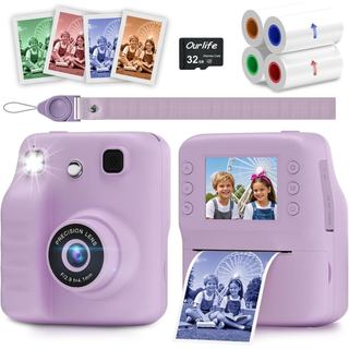 Câmera Infantil Colorida com Impressão Instantânea, Câmera Instantânea com Papel Fotográfico de 4 Cores, Vídeo HD 1080P 