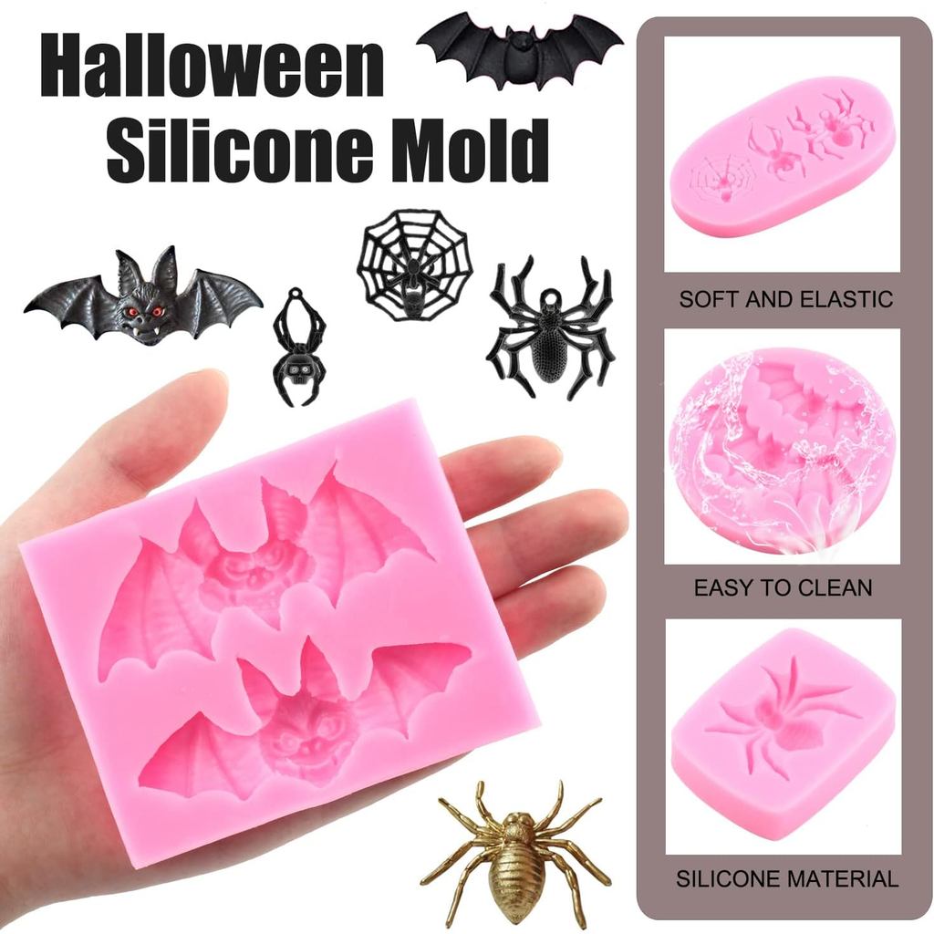 Mujiang Molde de Silicone para Teia de Aranha de Halloween, Moldes de Fondant de Aranha e Morcego para Decoração de Bolo