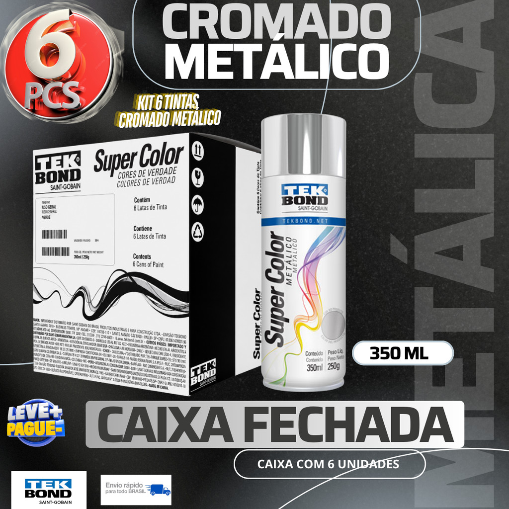 Kit Tinta Spray Metálico 350ML Cromado Tekbond Secagem Rápida
