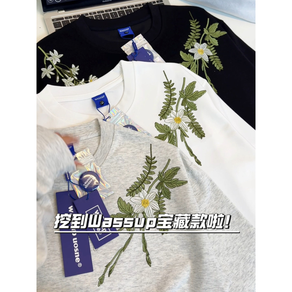 Cinza puro algodão bordado flor de manga comprida camiseta masculino feminino estilo 2025 novo estilo primavera outono j