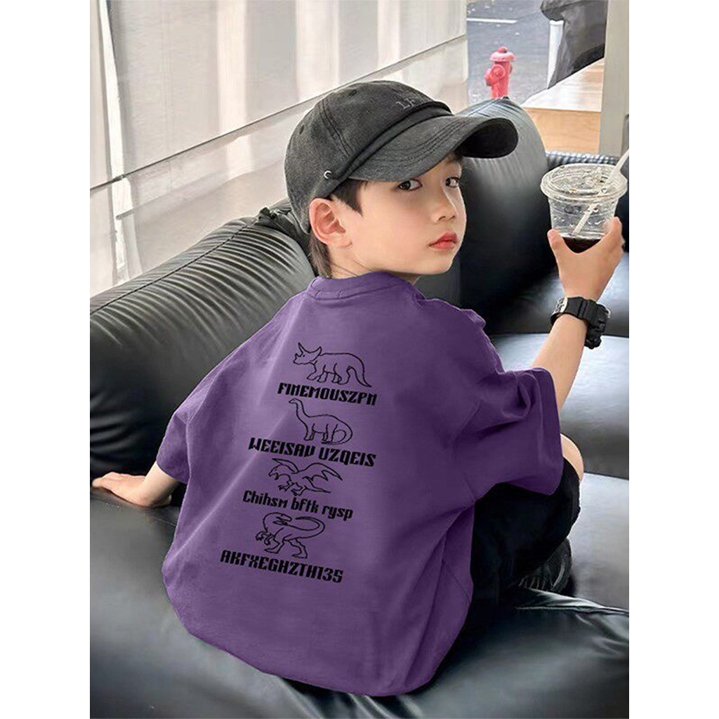 Crianças na moda legal americano de manga curta verão topo dinossauro impressão solta Casual camiseta meninos puro algod