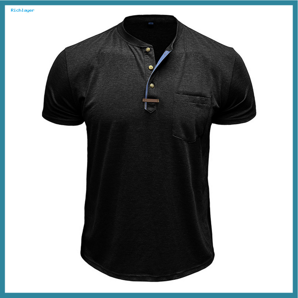 Men Casual Button-up Tee Solid Color Top Men's Summer Shirt with Chest Pocket Round Neck Short Sleeves Buttoned Pullover
