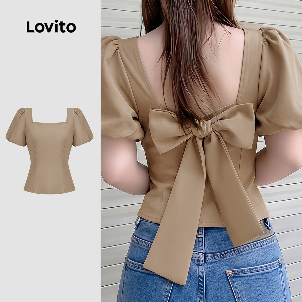 Lovito Blusa Elegante com Laço Cor Marrom Primavera/Verão LK6LD004