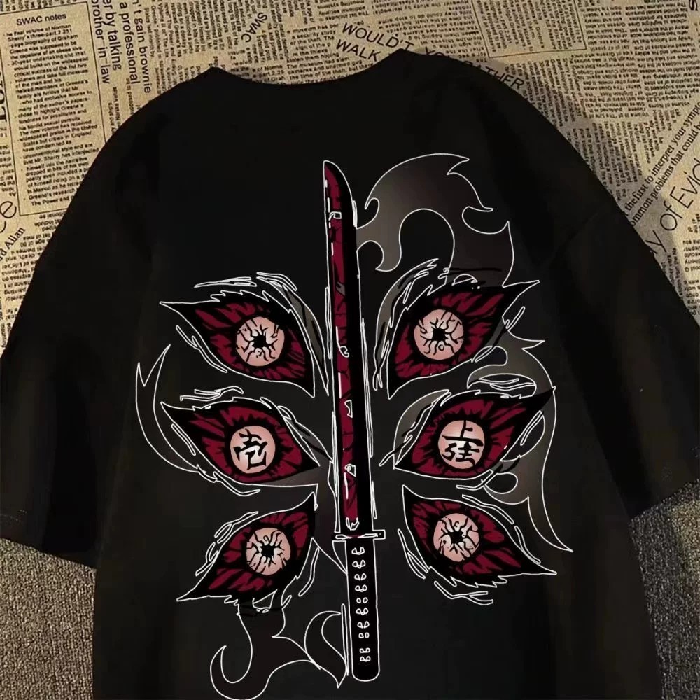 Anime Sharingan Katana Impressão T Camisa Streetwear Estética Oversized Estilo Harajuku Casual Unisex Manga Curta Topo P