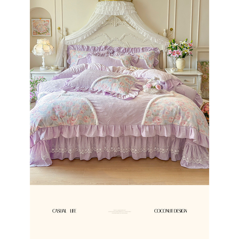 Outono inverno engrossado bebê velo coelho pelúcia conjunto de quatro peças acolchoado capa de cama estilo princesa folh