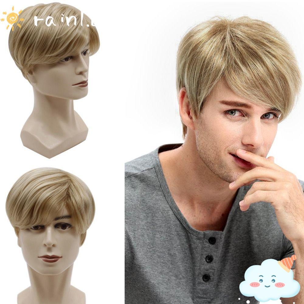 Chuva Cabelo Curto Capa De Cabeça Cosplay Festa Perucas Masculinas De Cor Natural