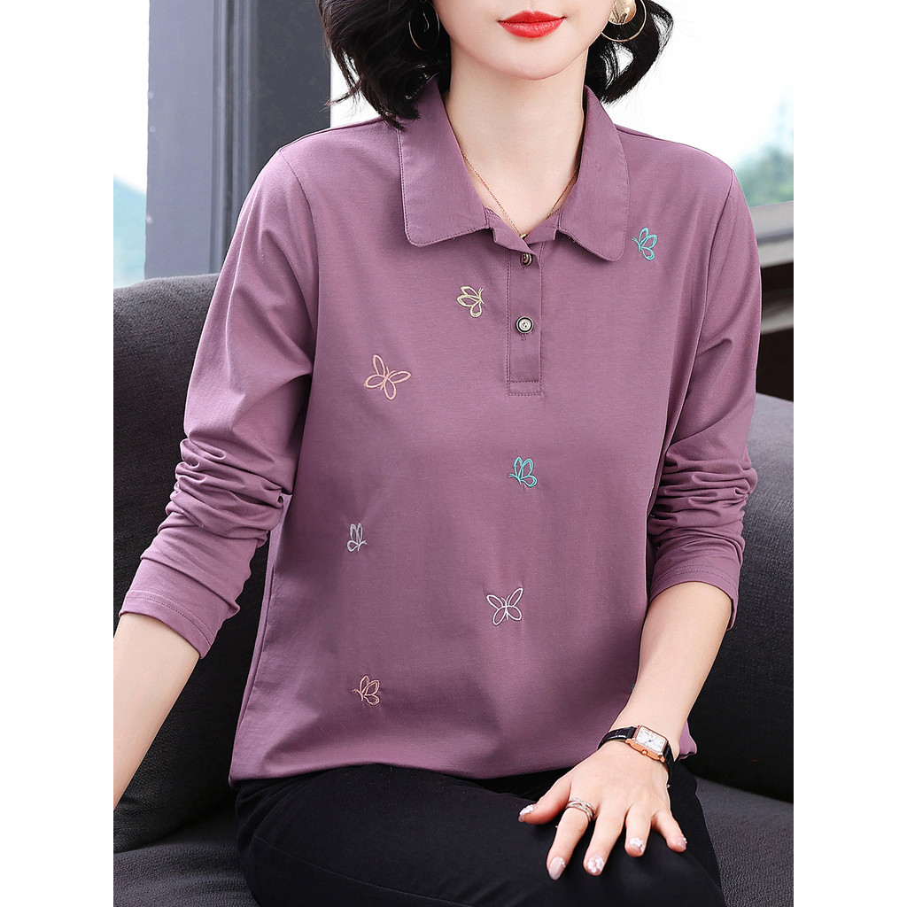 Camiseta de algodão puro feminina novo estilo 2026 primavera outono estilo ocidental lapela camisa de manga comprida mei