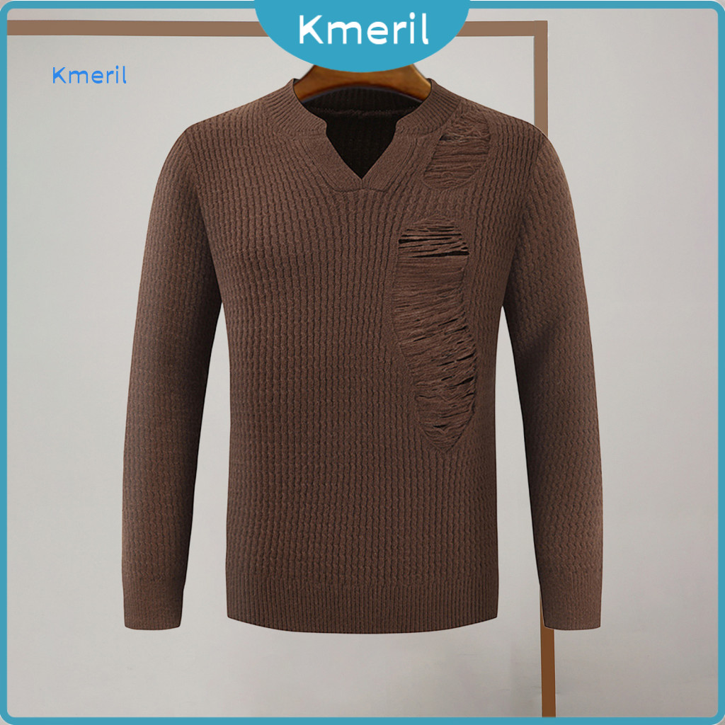 Long Sleeve Top Men Sweater Men's Autumn Winter V Neck Ripped Hole Design Elastic Knit Pullover Solid Color Streetwear W