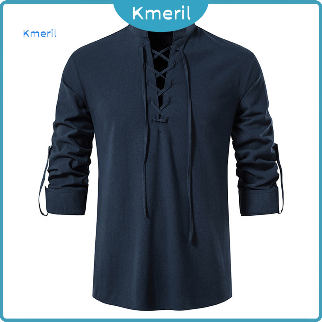 Men Vintage Shirt Breathable Men's Spring Casual Lace-up Stand Collar Long Sleeve Pullover Retro Solid Color Business Va