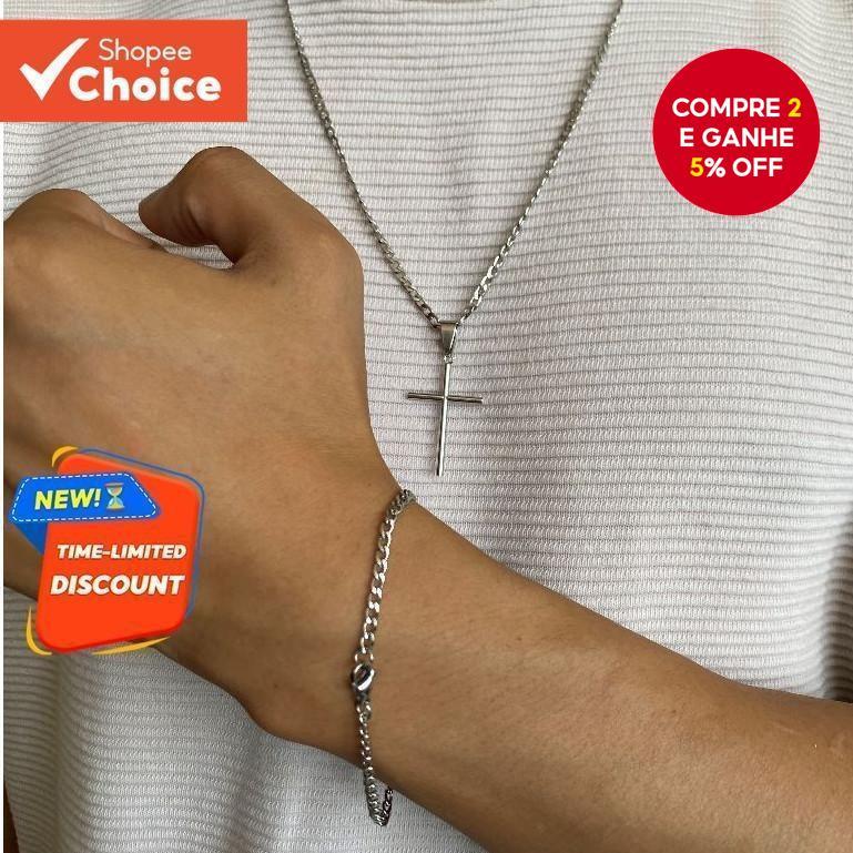 Conjunto De Colar E Pulseira Cruzada De Aço Inoxidável Para Homens 60CM 70CM