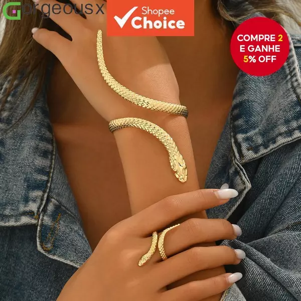 Conjunto De Pulseira E Anel De Cobra Ajustável Para Mulheres , Design De Serpente , Joias Da Moda , Presente