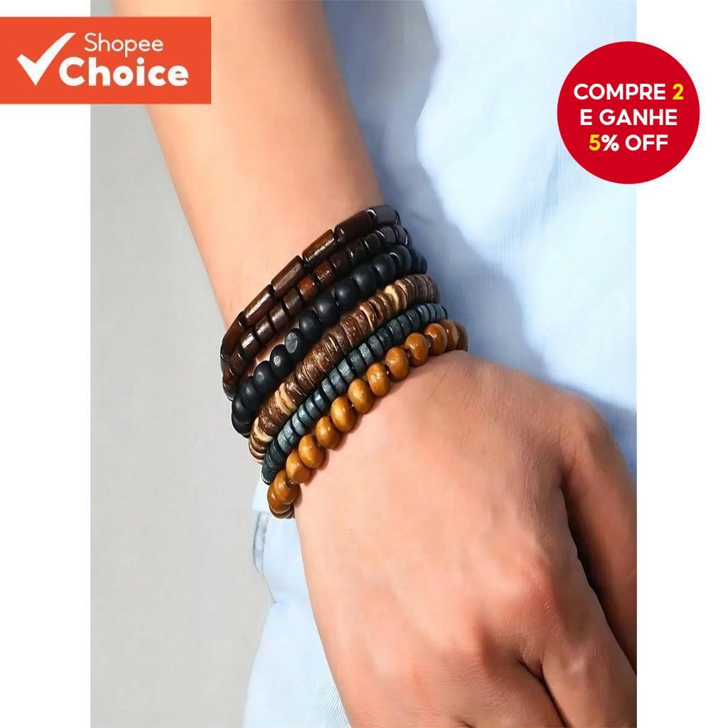 Conjunto de Pulseiras Elásticas com Pérolas de Madeira e Contas Elásticas para Homens Estilo Casual