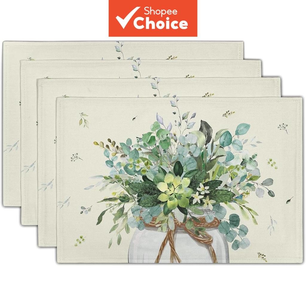 Conjunto De Jogos Americanos Florais De Eucalipto Aquarela Com 4 Tapetes De Mesa De Linho Rústico Para Jantar , Cozinha