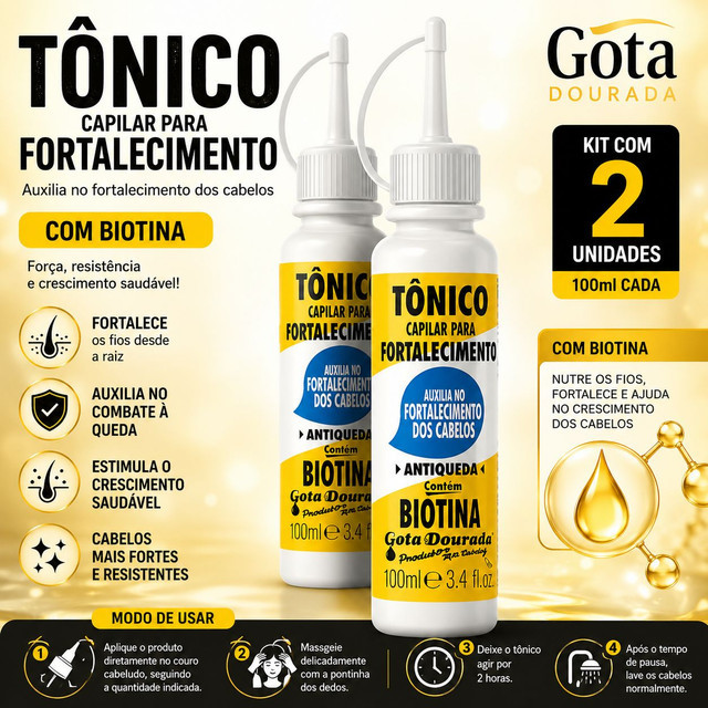 Kit 2un Tônico Biotina Gota Dourada Fortalecedor e Crescimento Capilar
