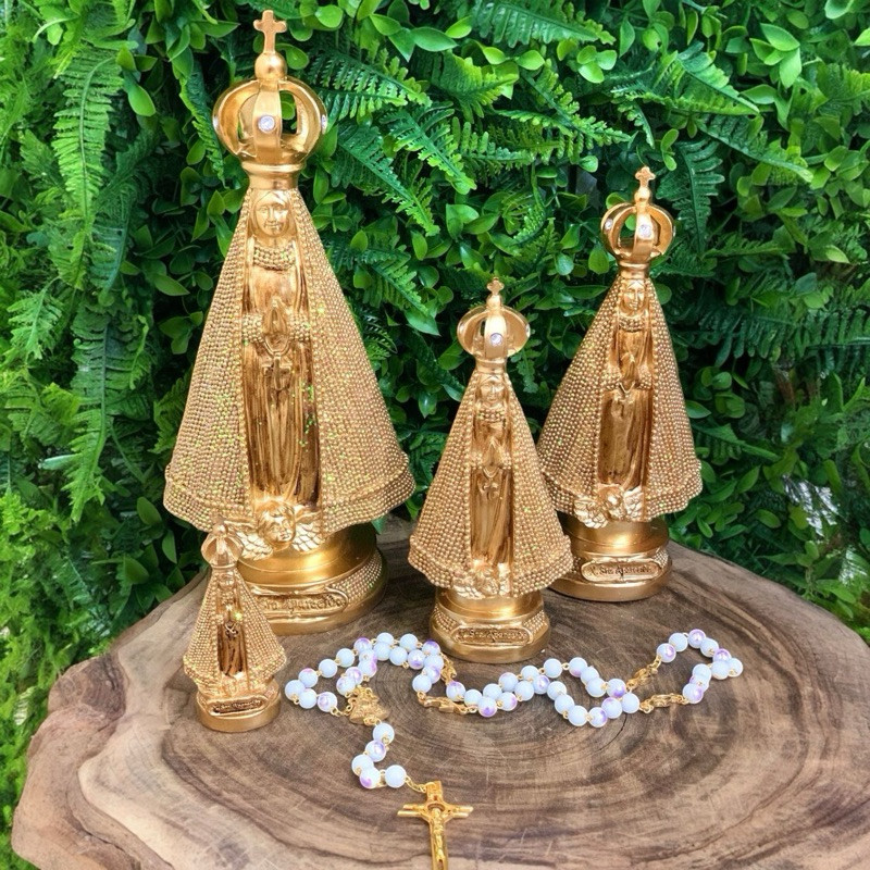 Imagem Nossa Senhora Aparecida Dourada com Brilho Resina Importada Resistente ao Sol e Chuva