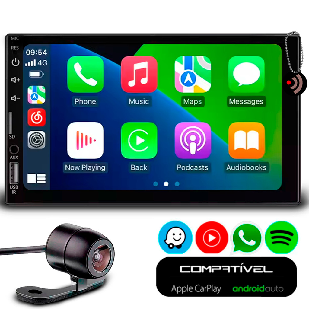 Central Multimídia 7 Polegadas Com Apple Carplay e Android Auto Entrada USB Bluetooth + Câmera de Ré Colorida