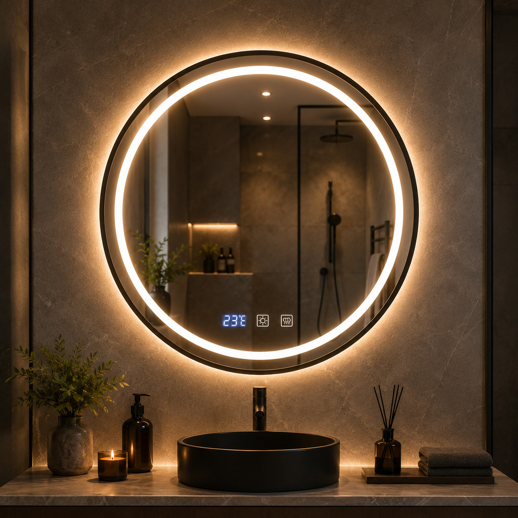 Espelho Redondo Led Iluminado 3 Cores Relógio Temperatura 40cm Preto Banheiro Penteadeira Maquiagem