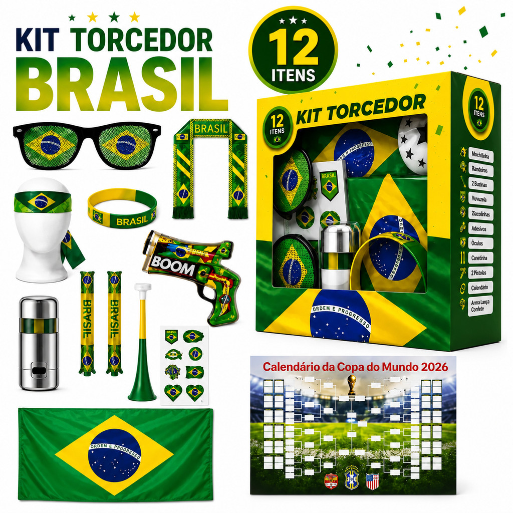 Kit Torcedor Copa do Mundo 2026 Brasil 12 Ítens - Futebol Bandeira Faixa Corneta Oculos Pulseira