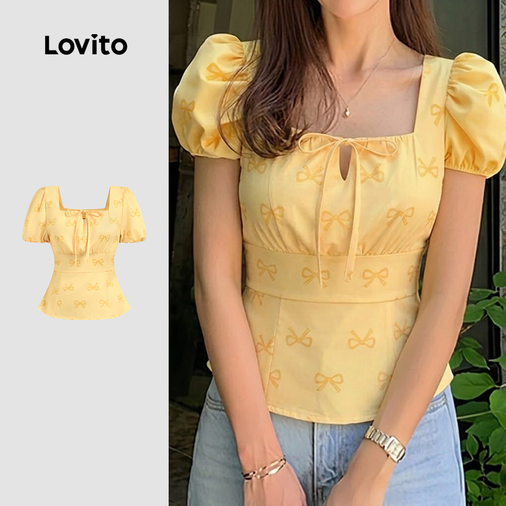 Lovito Blusa Casual Amarração Frontal Primavera/verão Blusa Amarela Feminina LK6AD1015