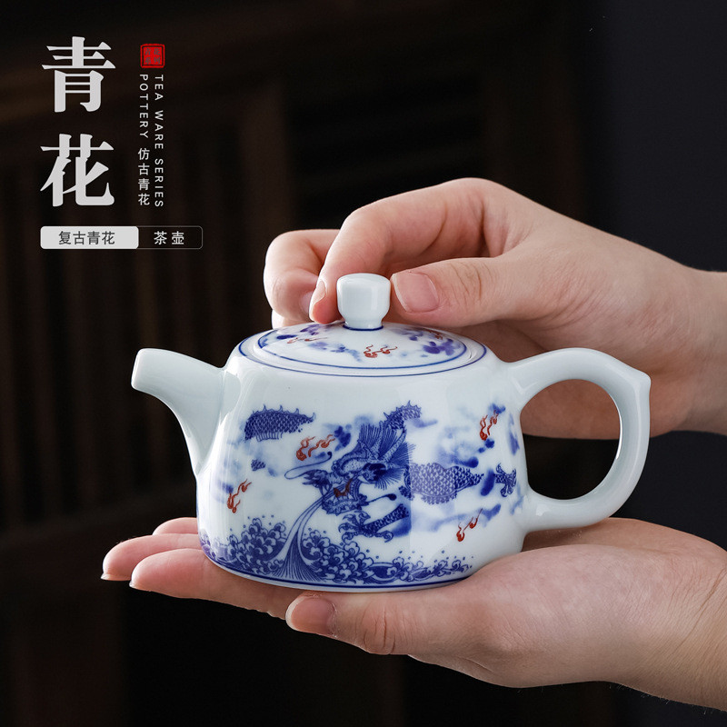 Bule de cerâmica único pote azul branco porcelana Kung Fu conjunto chá porcelana branca bule chaleira doméstico tamanho