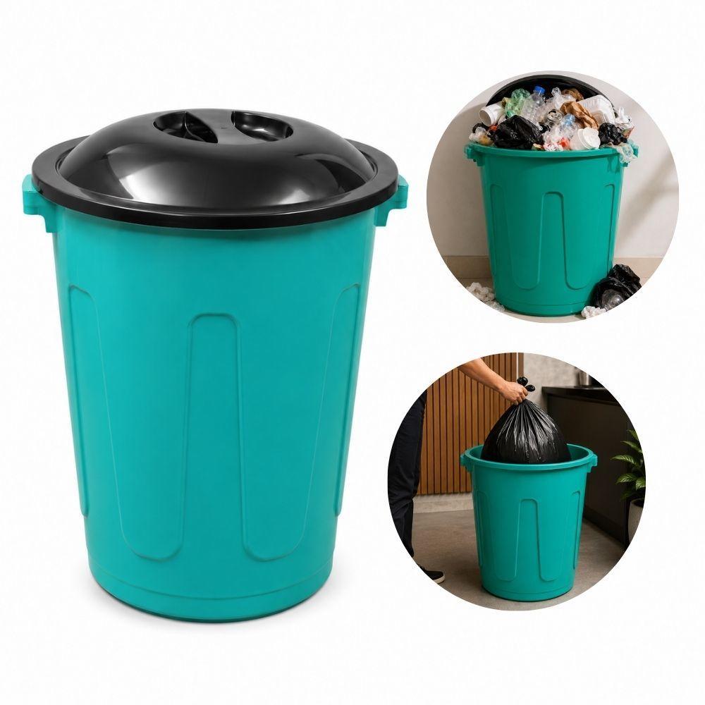 LIXEIRA 60L VERDE COM TAMPA CESTO REDONDO REFORCADO PLASTICO RESISTENTE MULTIUSO CASA COMERCIO