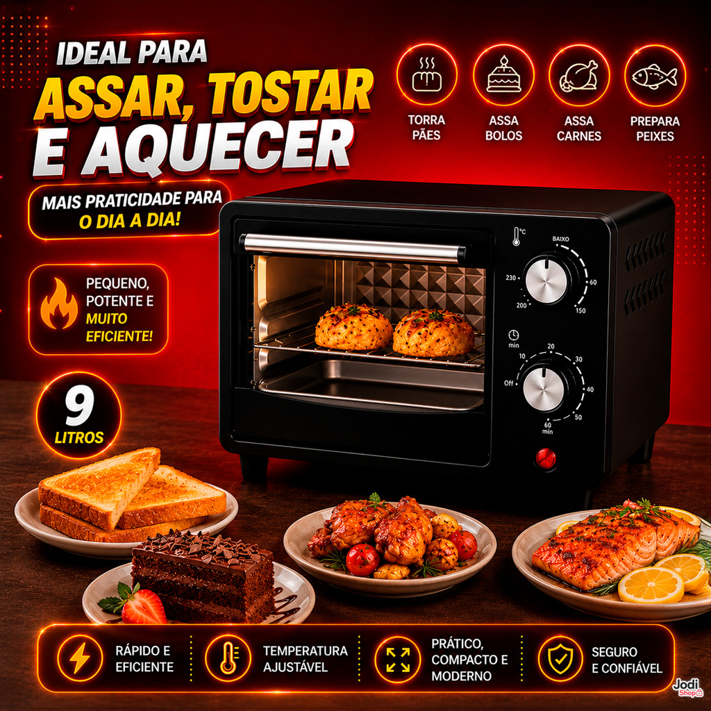 Forno Elétrico de Bancada Compacto 9L com Porta de Vidro Resistente