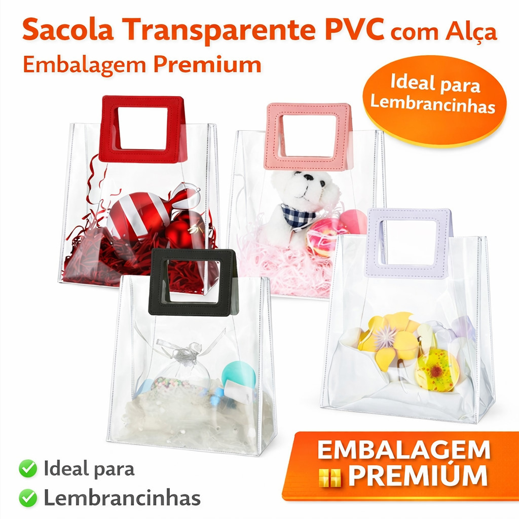 Kit 10 Sacolas Transparente PVC com Alça de Couro Sintético Bolsa para Presente Embalagem Premium