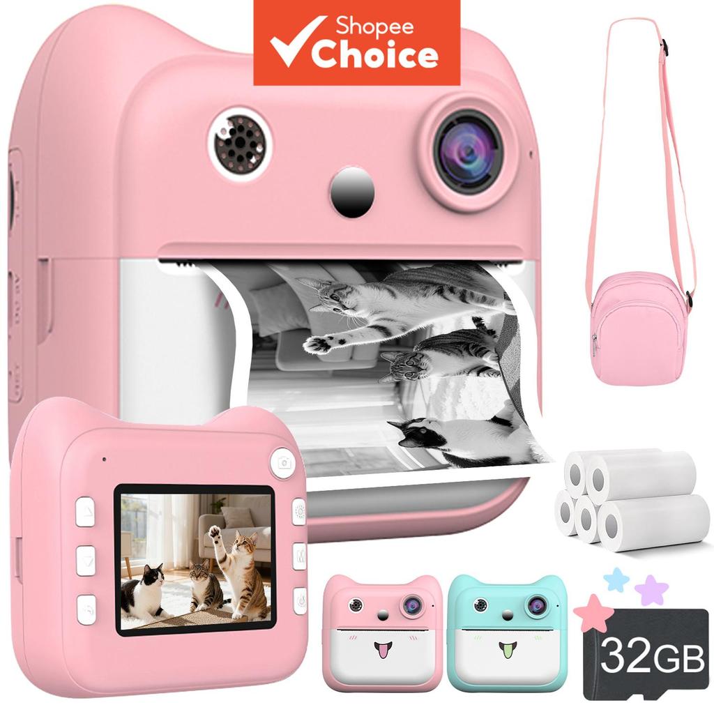 Câmera De Impressão Instantânea FHD Vídeo Com 5 Rolos De Papel Saco De Cartão De 32 Gb Presentes Para Crianças De 3 A 12