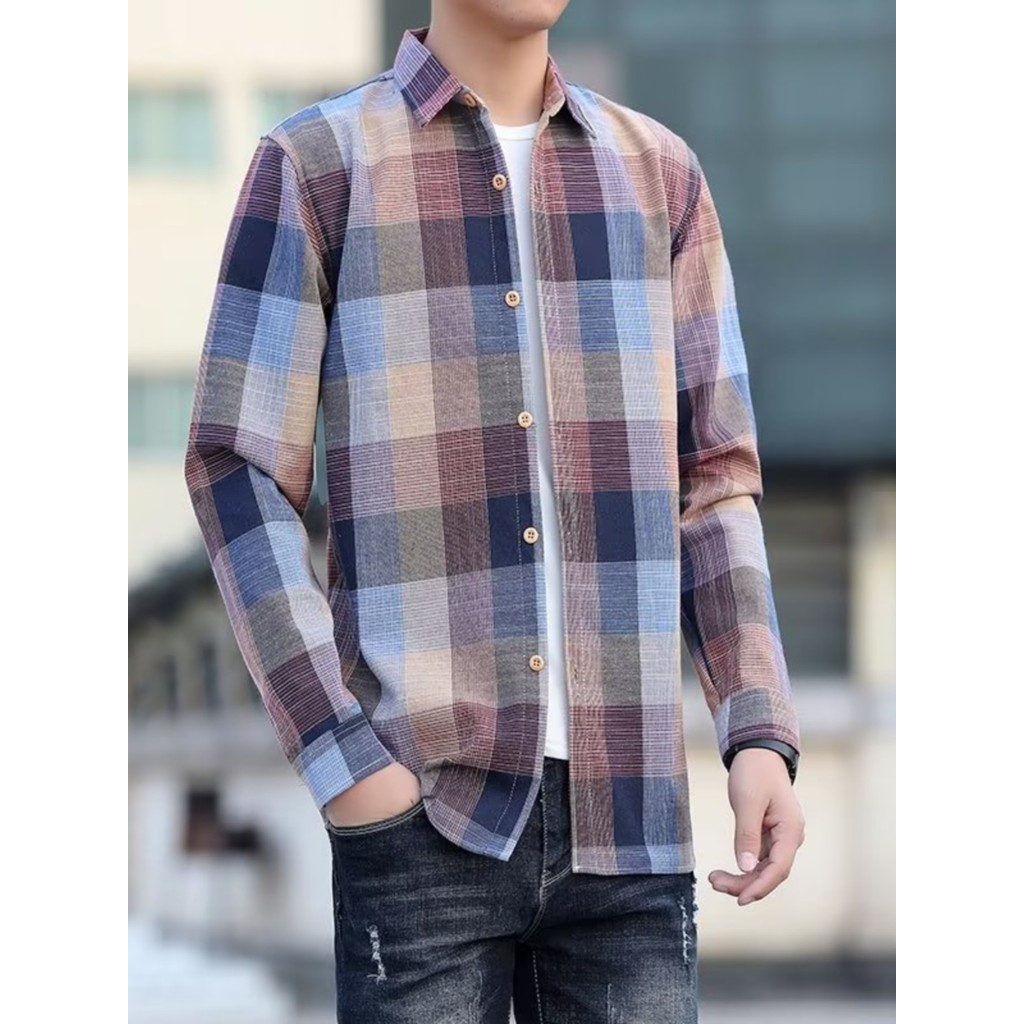 Camisa xadrez solta masculina jaqueta verão camisa de manga comprida Casual topo versão coreana camisa masculina fina na