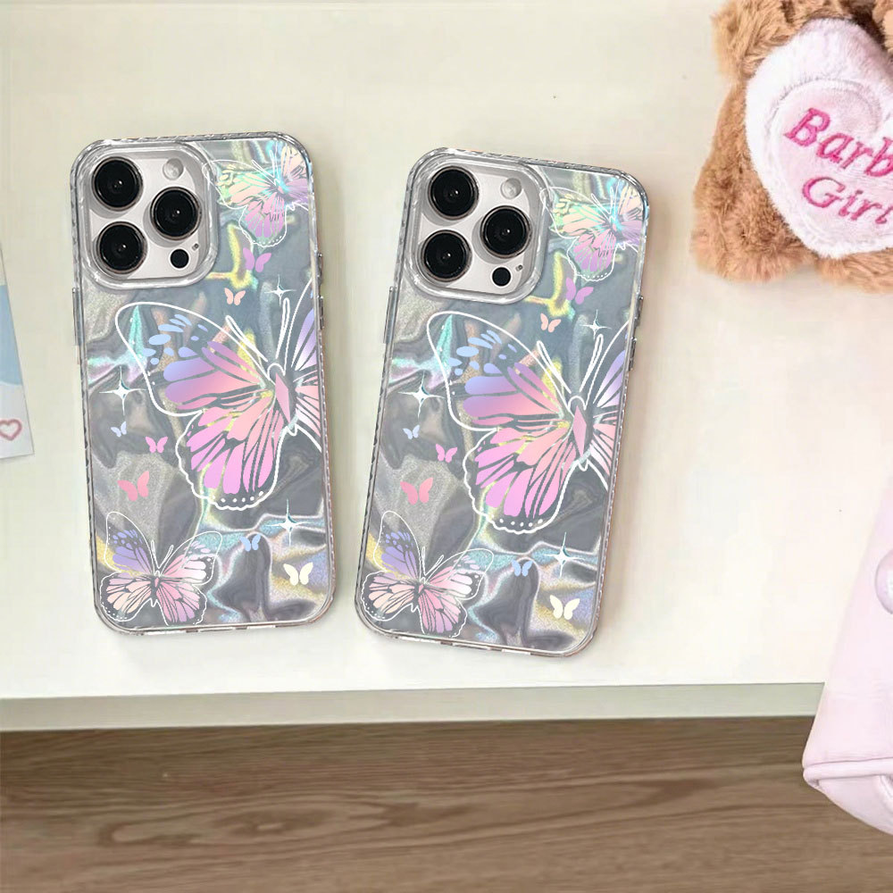 Capa Para Samsung S24 Plus S23 FE S23 Ultra S21 S22 S20 A56 A55 A54 A16 A15 A35 Rosa Borboleta Ondulação Brilho Caso De 