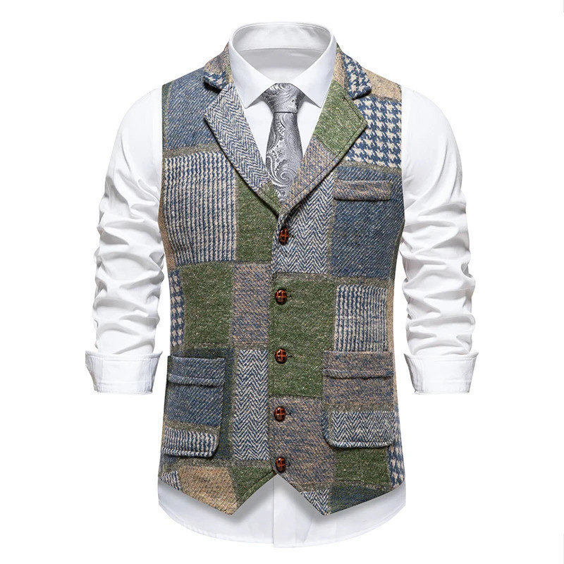 Masculino Verde Tweed Xadrez Terno Colete Fino Ajuste Lapela Espinha De Peixe Vintage Casamento Padrinhos Formal