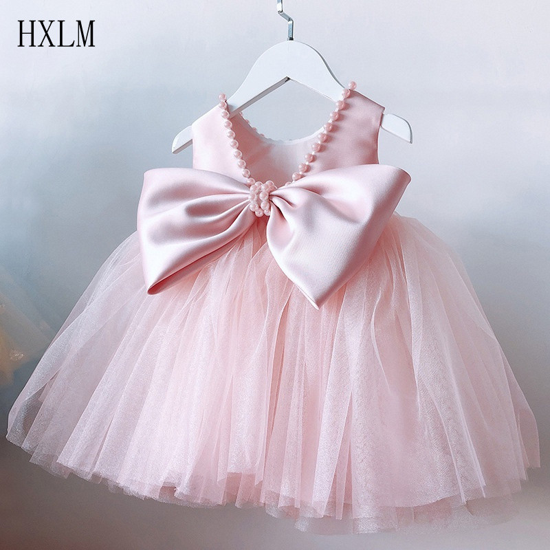 Vestido de Bebê Menina com Pérolas, Laço Grande, Vestido para Festa de 1º Aniversário, Vestido de Batismo em Tule, Vesti
