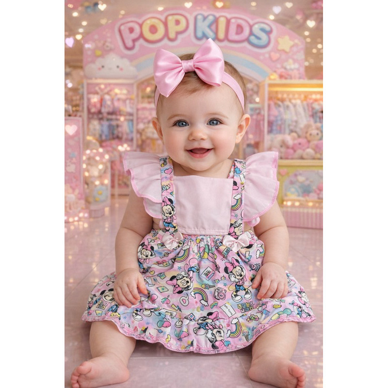 Jardineira Romper vestido salopete Bebê Menina Body Temático Book Festa Mesversário  Minie Rosa rádio Música luxo bebê
