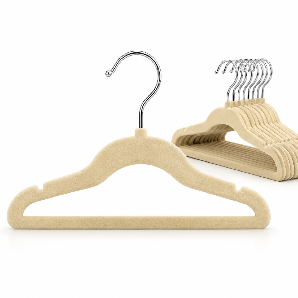 Kit 50 Cabides Infantis de Veludo Bege Slim Antideslizante Fino Bebê Criança Gancho Giratório Closet