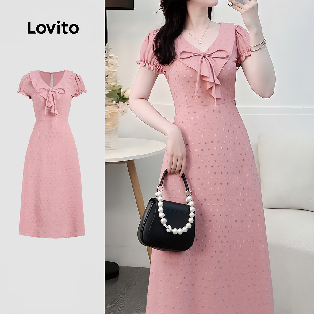 Lovito Padrão Elegante de Vestido Babado Primavera/verão Vestido Rosa para Mulhe