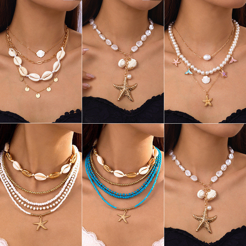Colar multicamadas de pérolas, estrelas-do-mar, conchas e madrepérolas para férias de verão no oceano, colar de pérolas