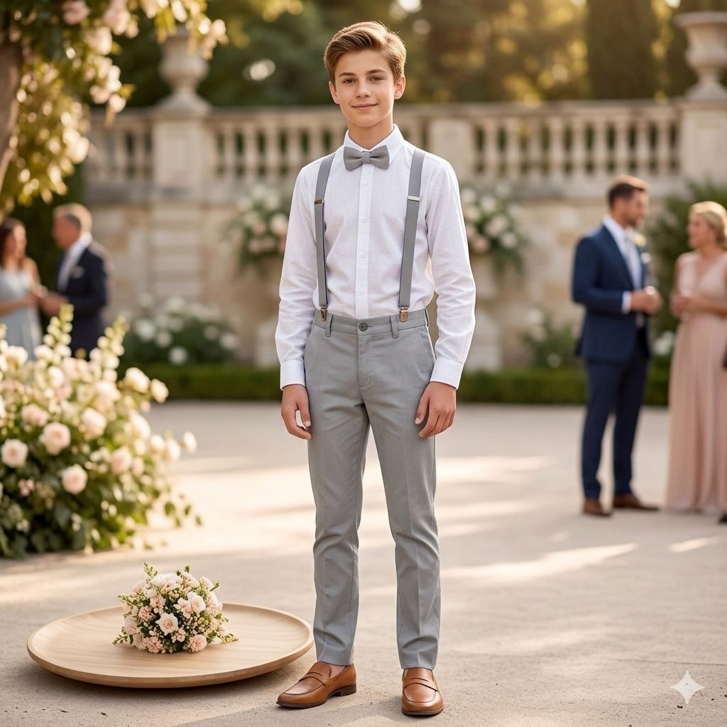Conjunto Social Calça Cinza Camisa Branca Suspensório e Gravata Cinza Juvenil e Adulto Festa Casamento Formatura