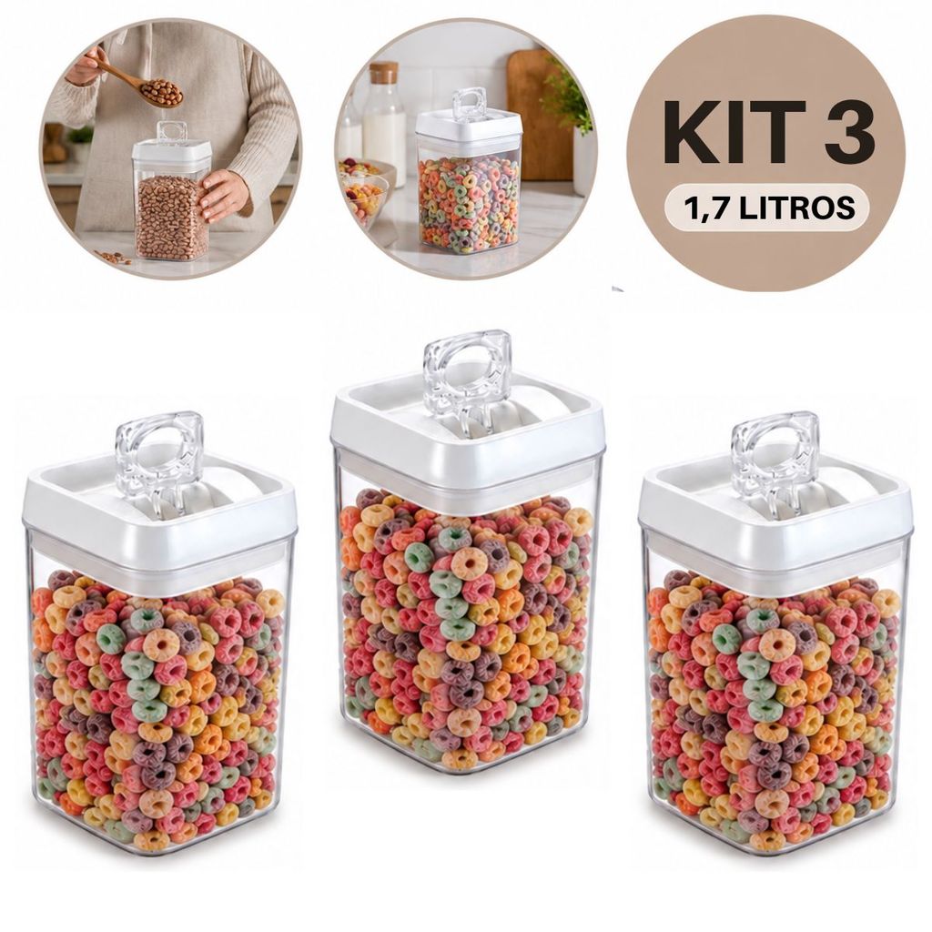 Kit 3 Potes Herméticos 1,7L Transparentes para Mantimentos com Tampa Hermética BPA Free